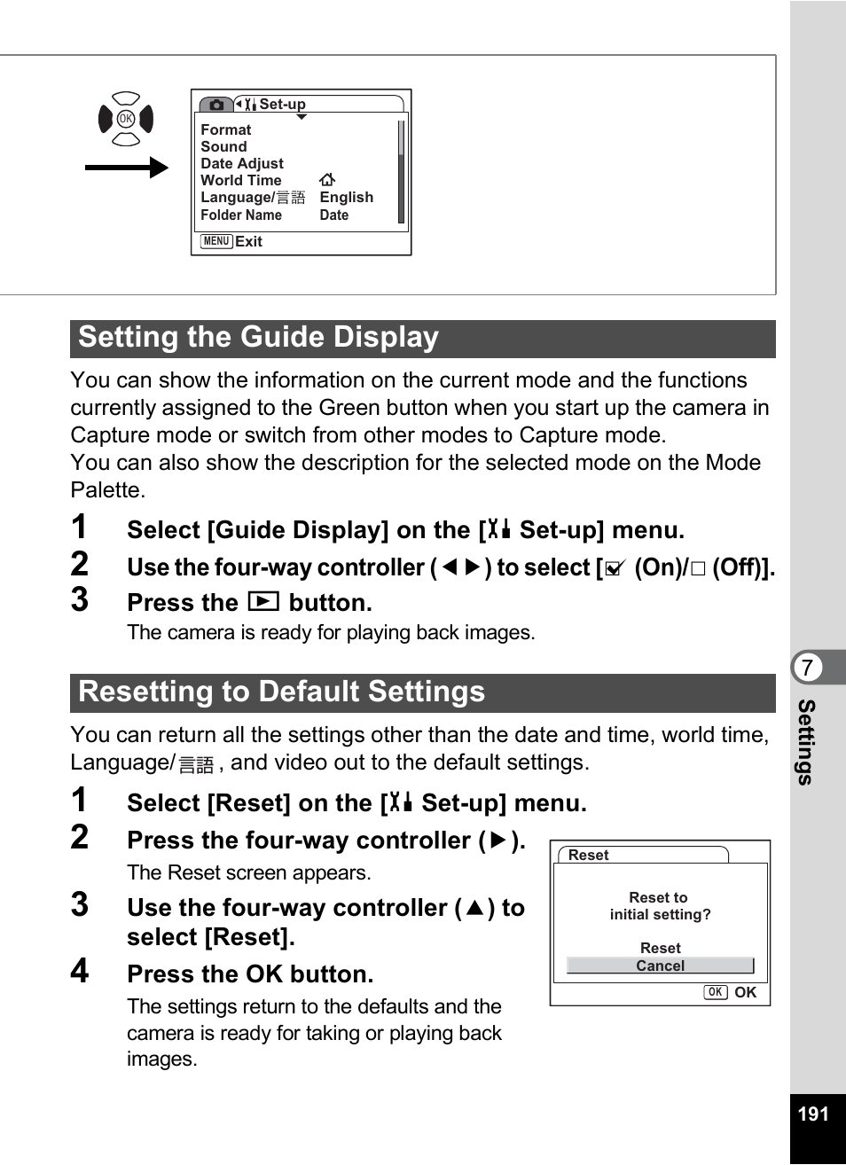 Setting the guide display, Resetting to default settings, P.191 | P.191) | Pentax Optio S12 User Manual | Page 193 / 216