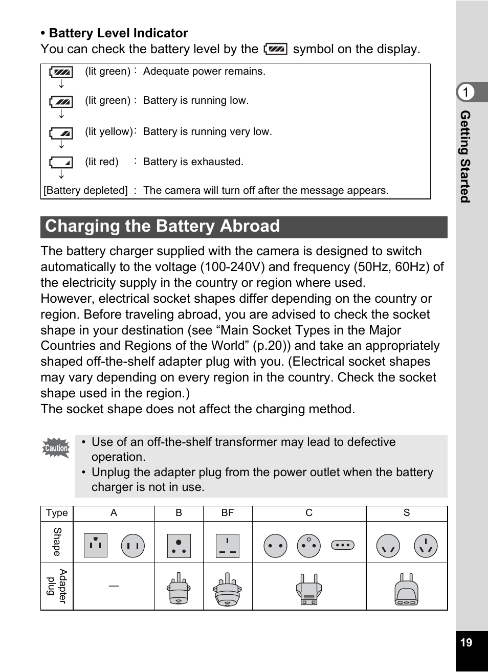 Charging the battery abroad | Pentax Optio S12 User Manual | Page 21 / 216