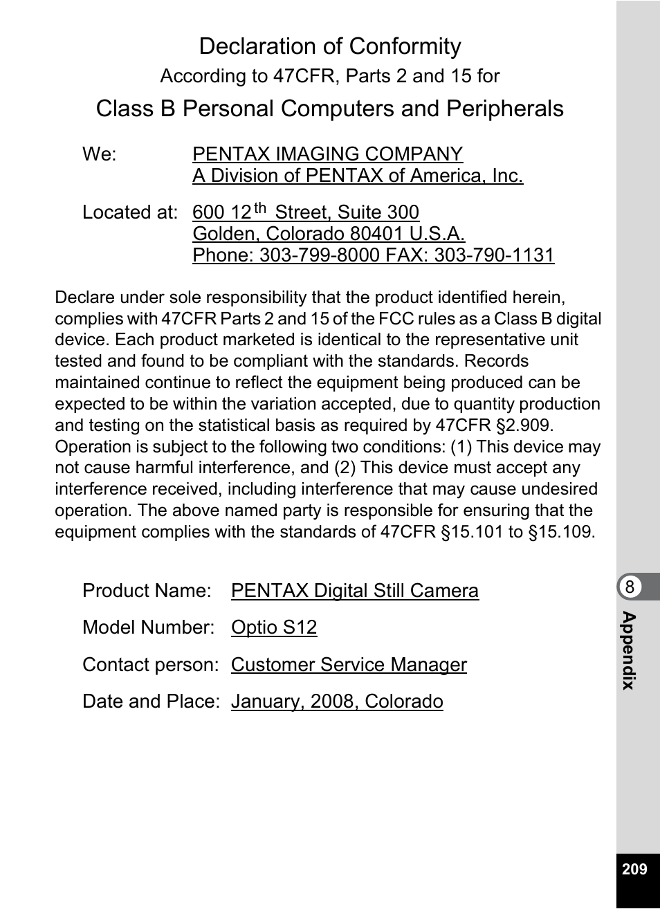 Declaration of conformity, Class b personal computers and peripherals | Pentax Optio S12 User Manual | Page 211 / 216