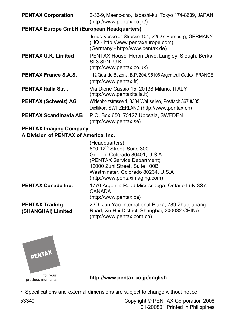 Pentax Optio S12 User Manual | Page 216 / 216