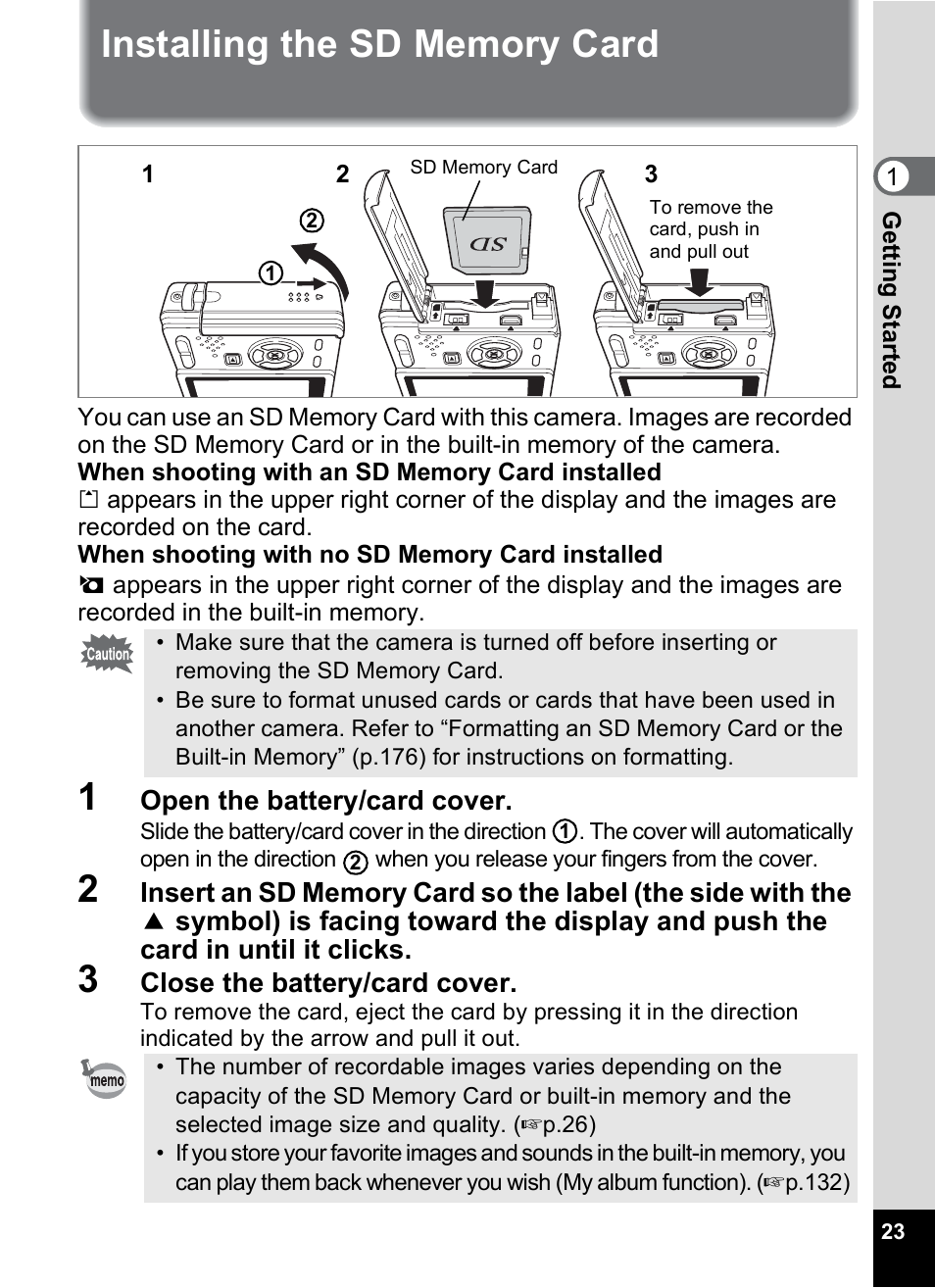 Installing the sd memory card, P.23 | Pentax Optio S12 User Manual | Page 25 / 216