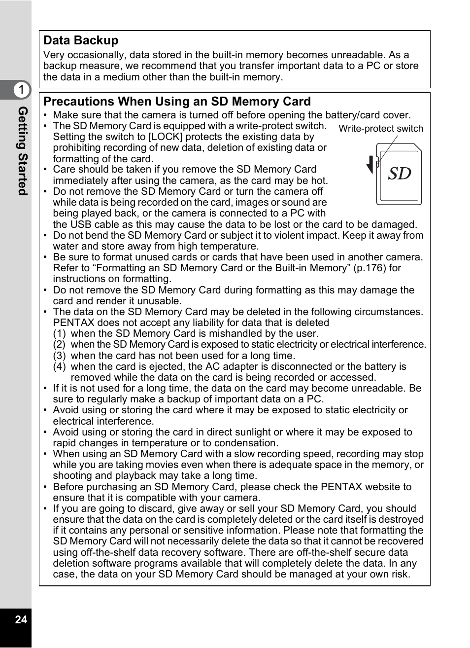Gettin g sta rte d 1 data backup | Pentax Optio S12 User Manual | Page 26 / 216