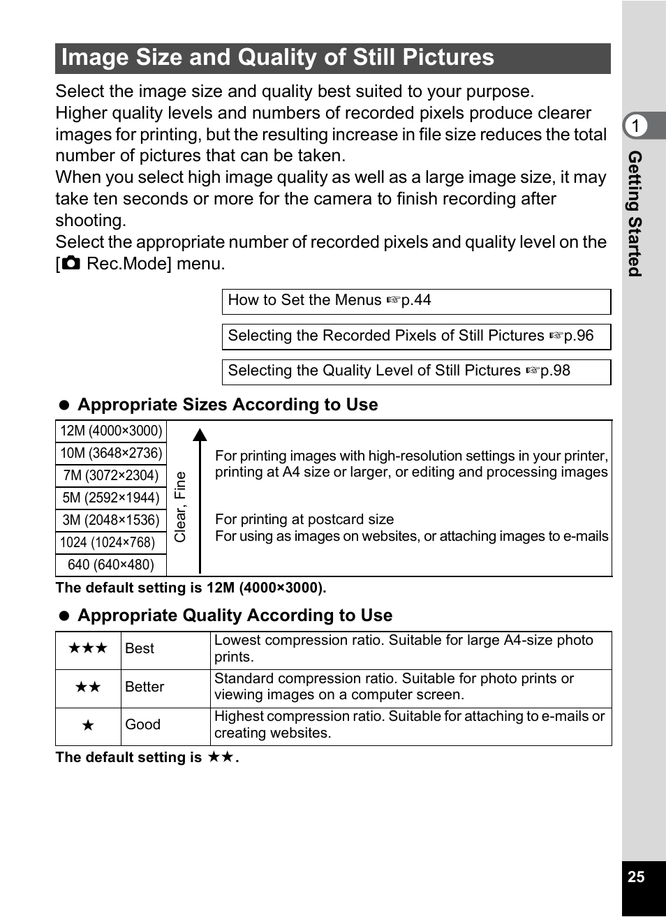 Image size and quality of still pictures | Pentax Optio S12 User Manual | Page 27 / 216
