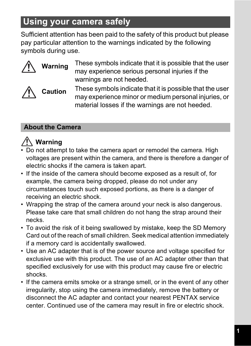 Using your camera safely | Pentax Optio S12 User Manual | Page 3 / 216