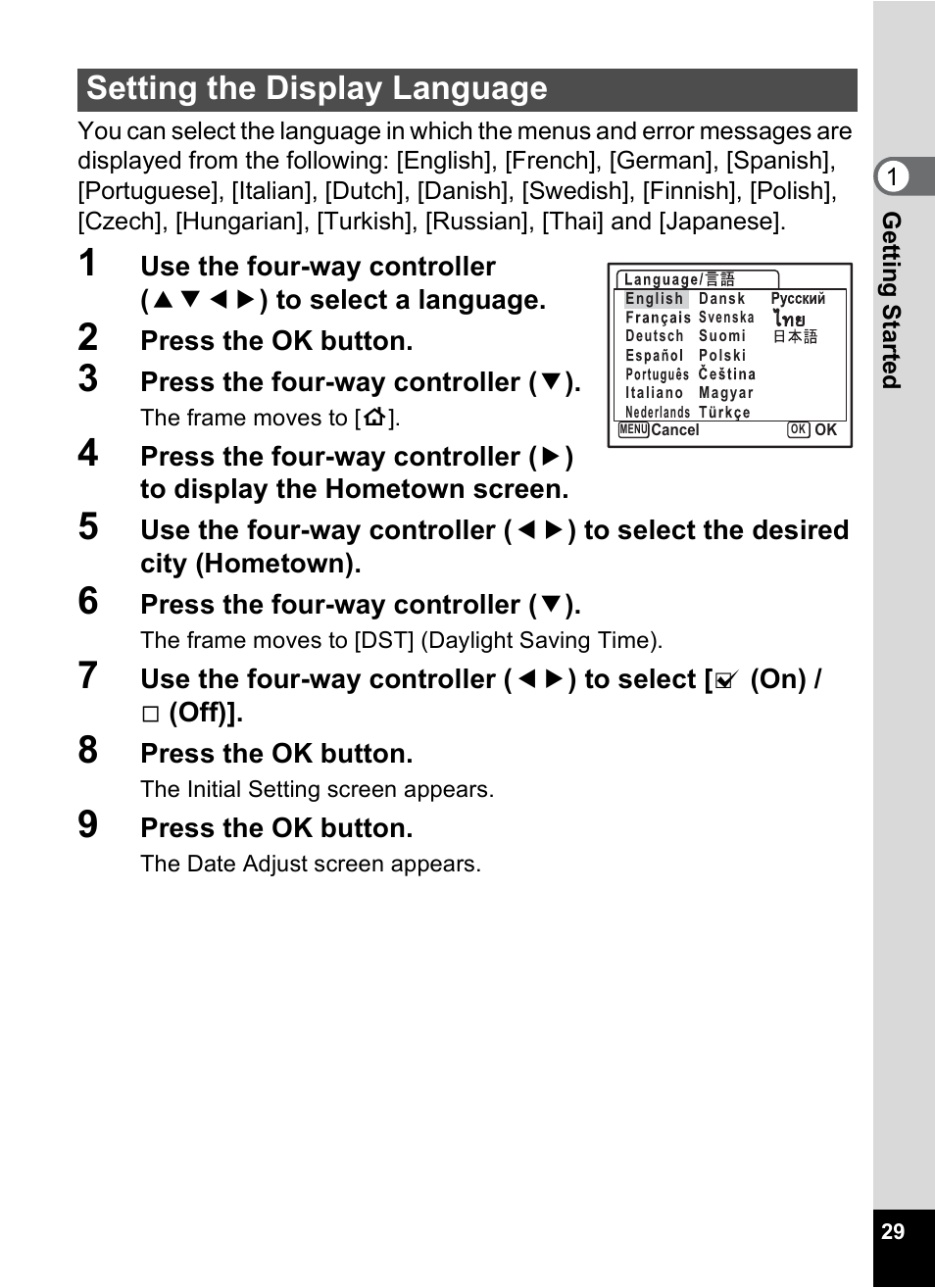 Setting the display language, P.29, Tting the display language”, “se | Pentax Optio S12 User Manual | Page 31 / 216