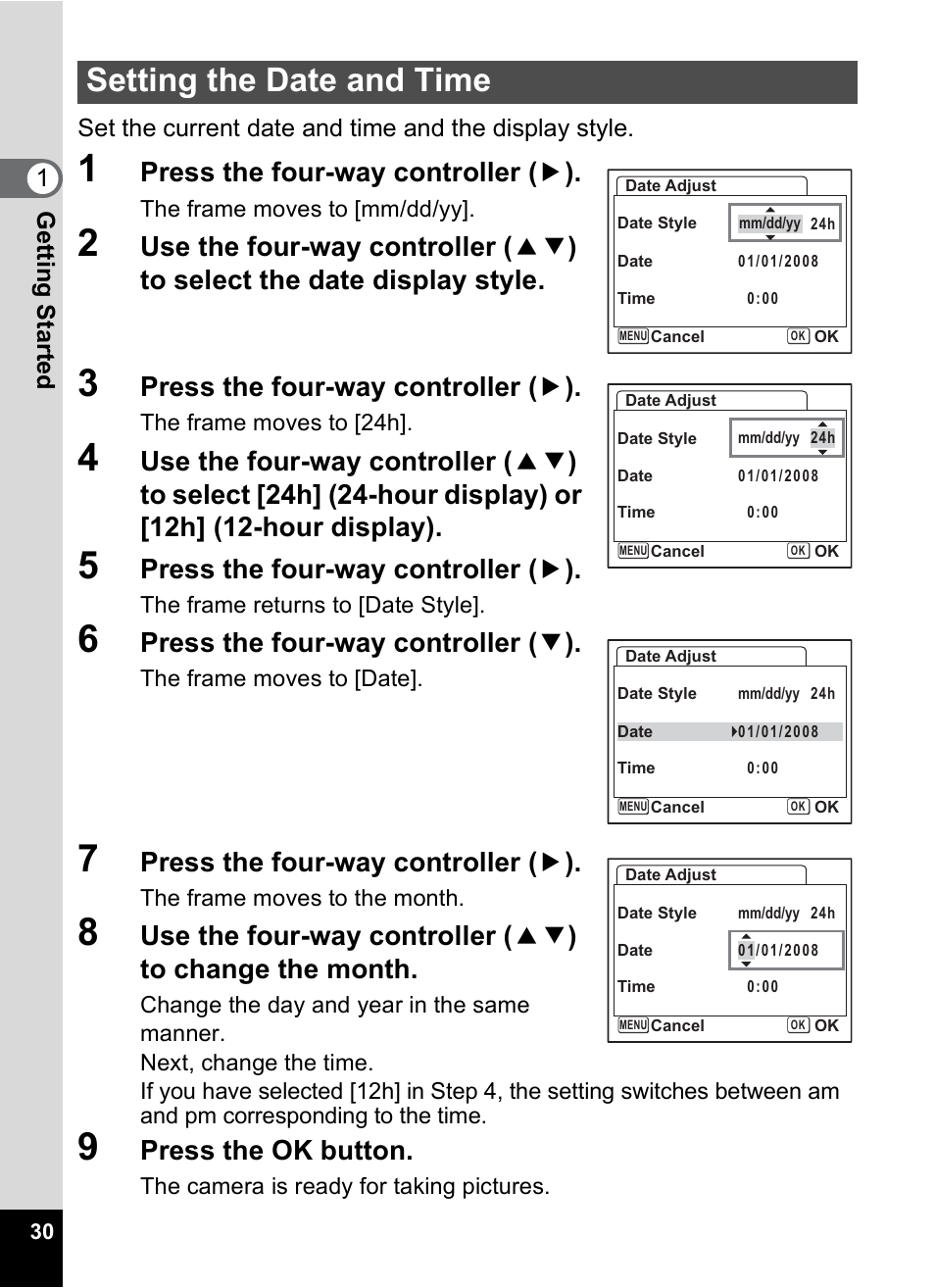Setting the date and time, 30 “se, Tting the | Date and time, P.30 “setting the date and time, Press the four-way controller ( 5 ), Press the four-way controller ( 3 ), Press the ok button | Pentax Optio S12 User Manual | Page 32 / 216