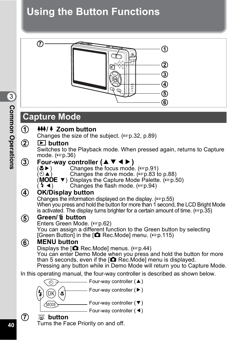 Using the button functions, Capture mode | Pentax Optio S12 User Manual | Page 42 / 216