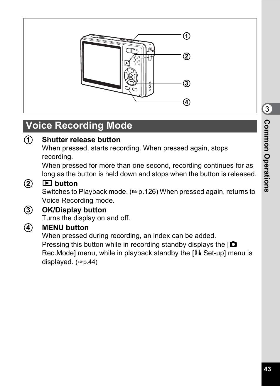 Voice recording mode | Pentax Optio S12 User Manual | Page 45 / 216