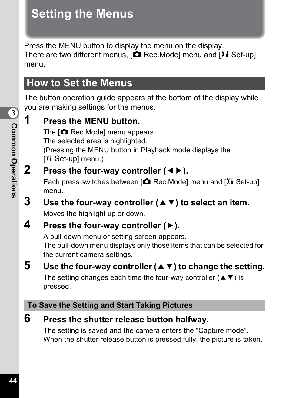 Setting the menus, How to set the menus, P.44 | 1p.44), P.44) | Pentax Optio S12 User Manual | Page 46 / 216