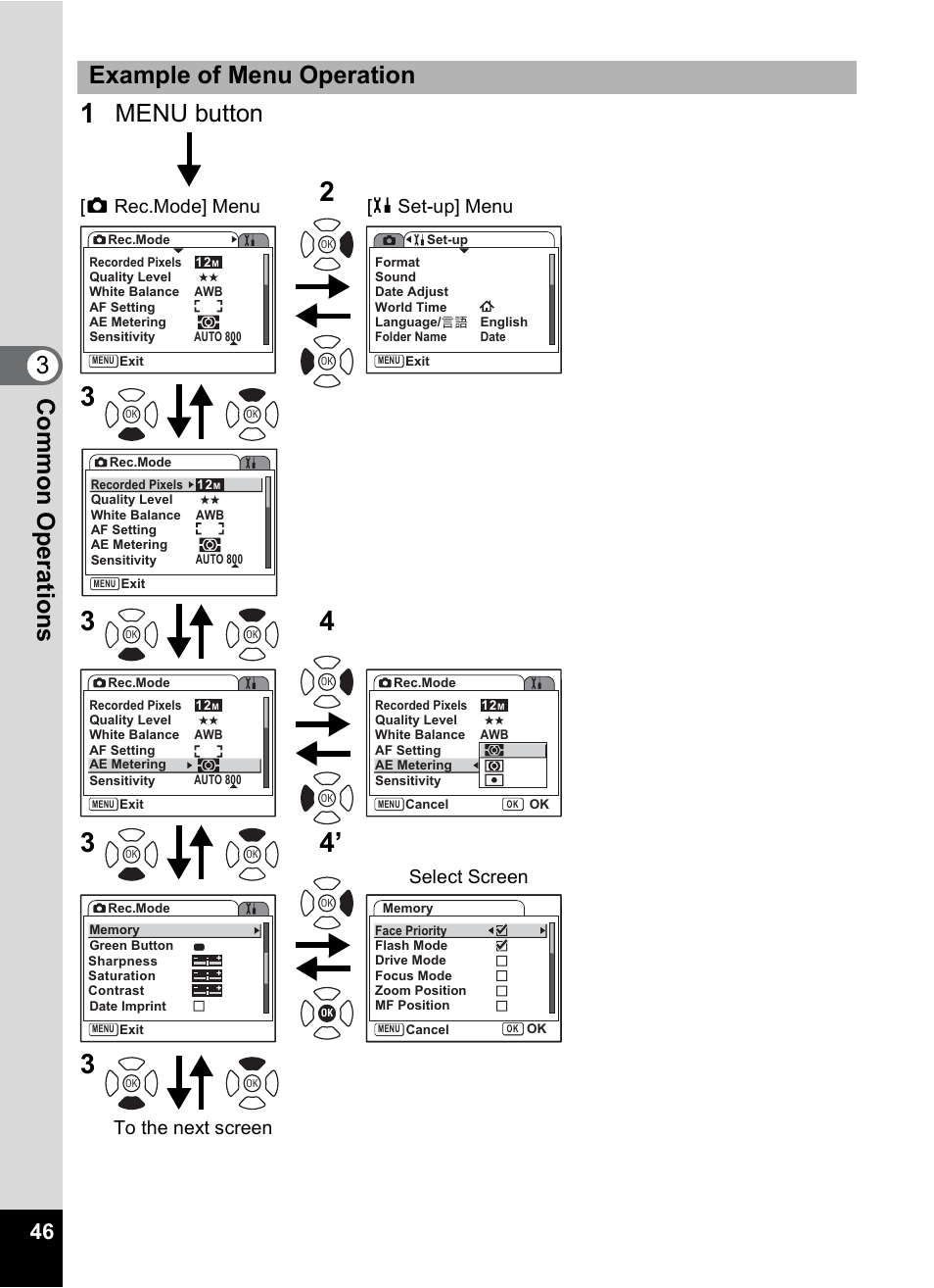 Com m on o p erati ons 3 example of menu operation, Menu button, A rec.mode] menu [h set-up] menu select screen | Pentax Optio S12 User Manual | Page 48 / 216