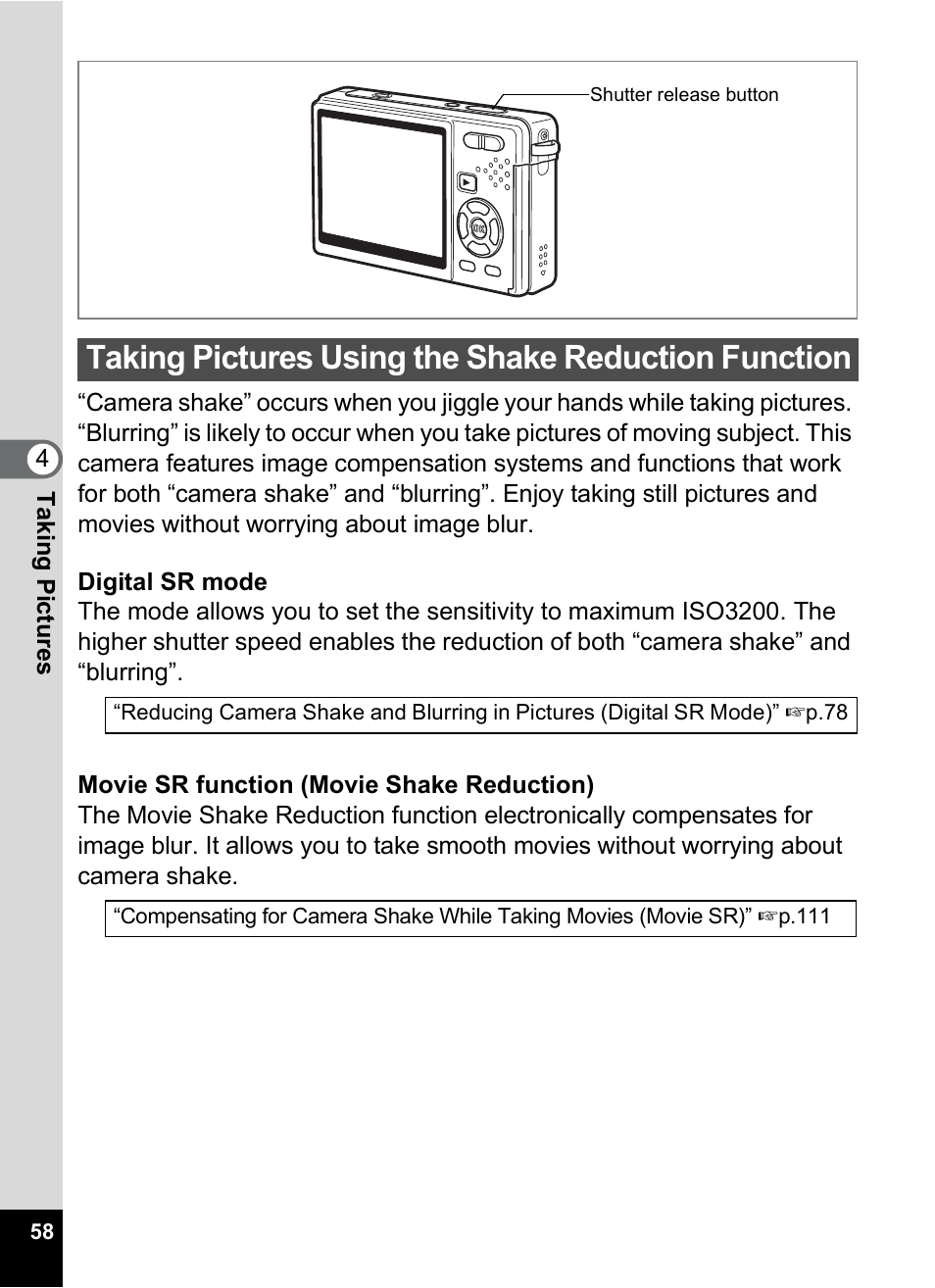 Taking pictures using the shake reduction function, P.58 | Pentax Optio S12 User Manual | Page 60 / 216