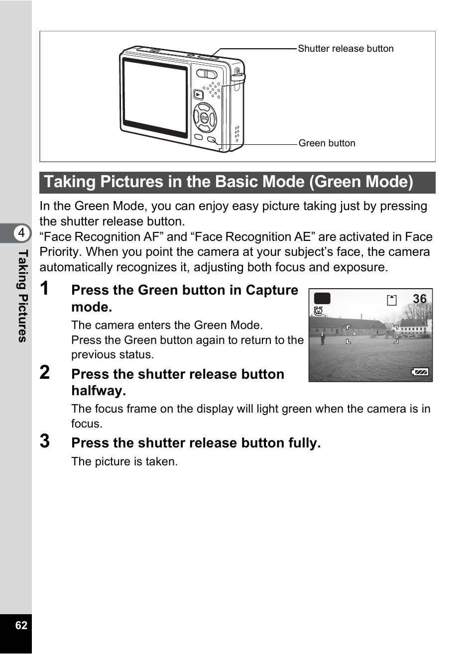 Taking pictures in the basic mode (green mode), P.62, 1p.62) | Pentax Optio S12 User Manual | Page 64 / 216