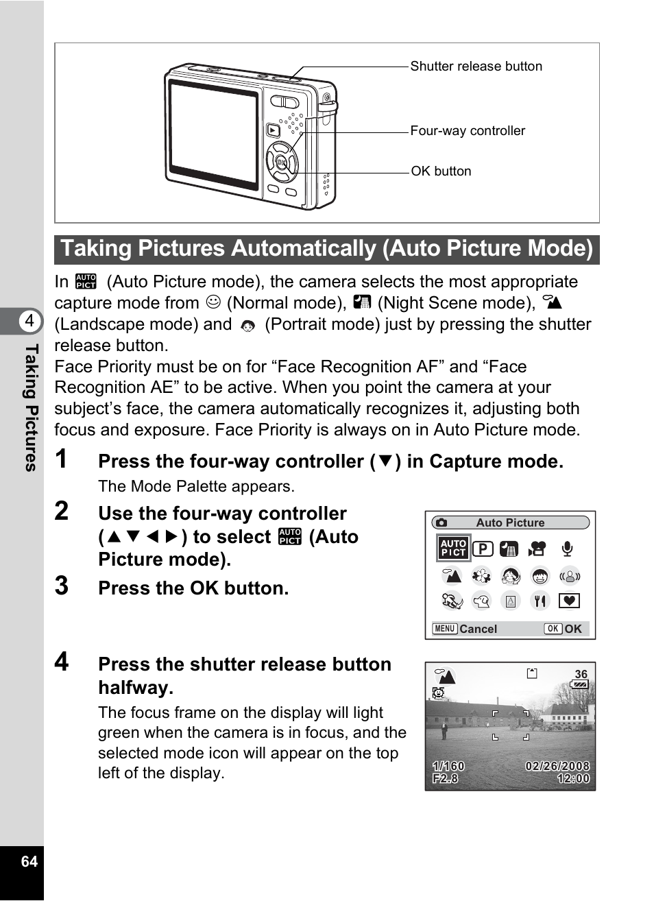 Taking pictures automatically (auto picture mode), P.64), Press the ok button | Press the shutter release button halfway | Pentax Optio S12 User Manual | Page 66 / 216