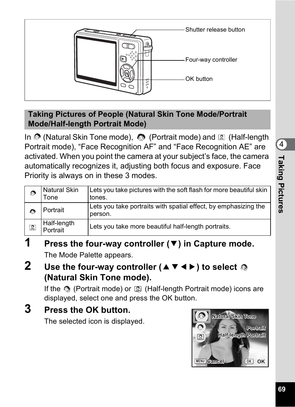 P.69), P.69, Press the ok button | Pentax Optio S12 User Manual | Page 71 / 216