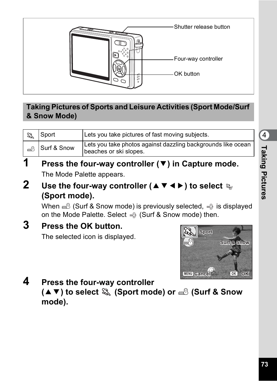 P.73), P.73, Press the ok button | Pentax Optio S12 User Manual | Page 75 / 216