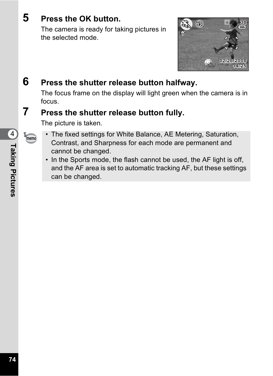 Press the ok button, Press the shutter release button halfway, Press the shutter release button fully | Pentax Optio S12 User Manual | Page 76 / 216