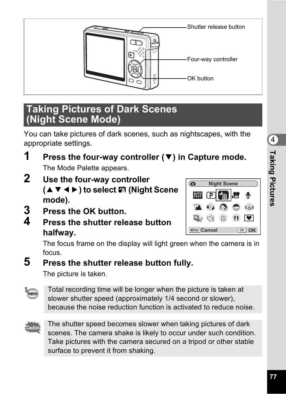 Taking pictures of dark scenes (night scene mode), P.77) | Pentax Optio S12 User Manual | Page 79 / 216