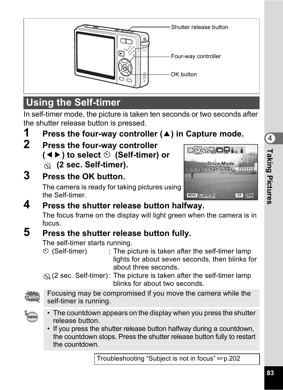 Using the self-timer, P.83), P.83 t | Press the ok button, Press the shutter release button halfway, Press the shutter release button fully | Pentax Optio S12 User Manual | Page 85 / 216