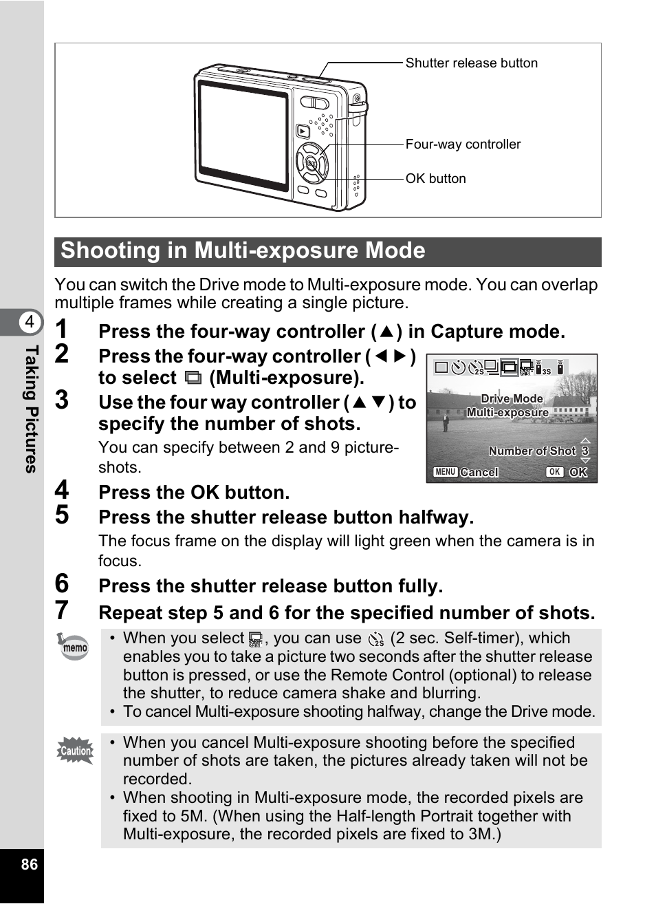 Shooting in multi-exposure mode | Pentax Optio S12 User Manual | Page 88 / 216