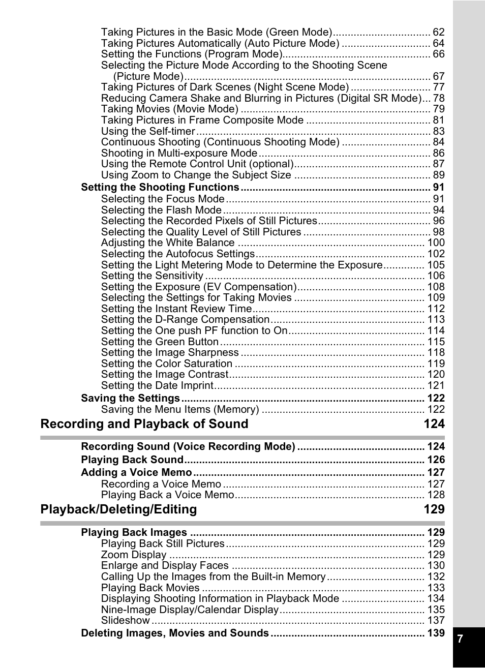 Recording and playback of sound 124, Playback/deleting/editing 129 | Pentax Optio S12 User Manual | Page 9 / 216