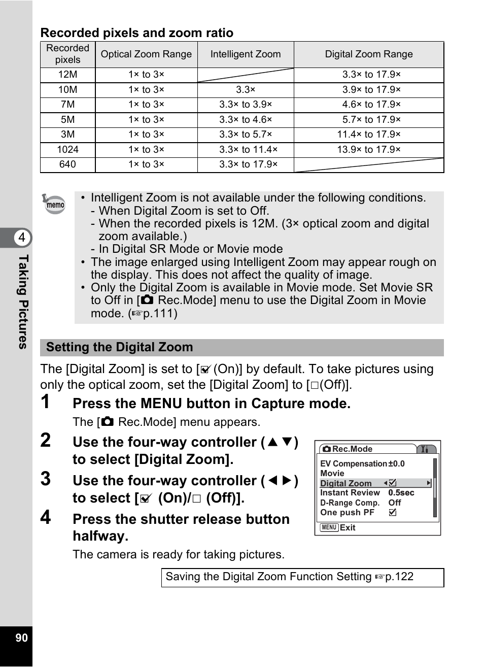 P.90, Press the menu button in capture mode, Press the shutter release button halfway | Setting the digital zoom | Pentax Optio S12 User Manual | Page 92 / 216