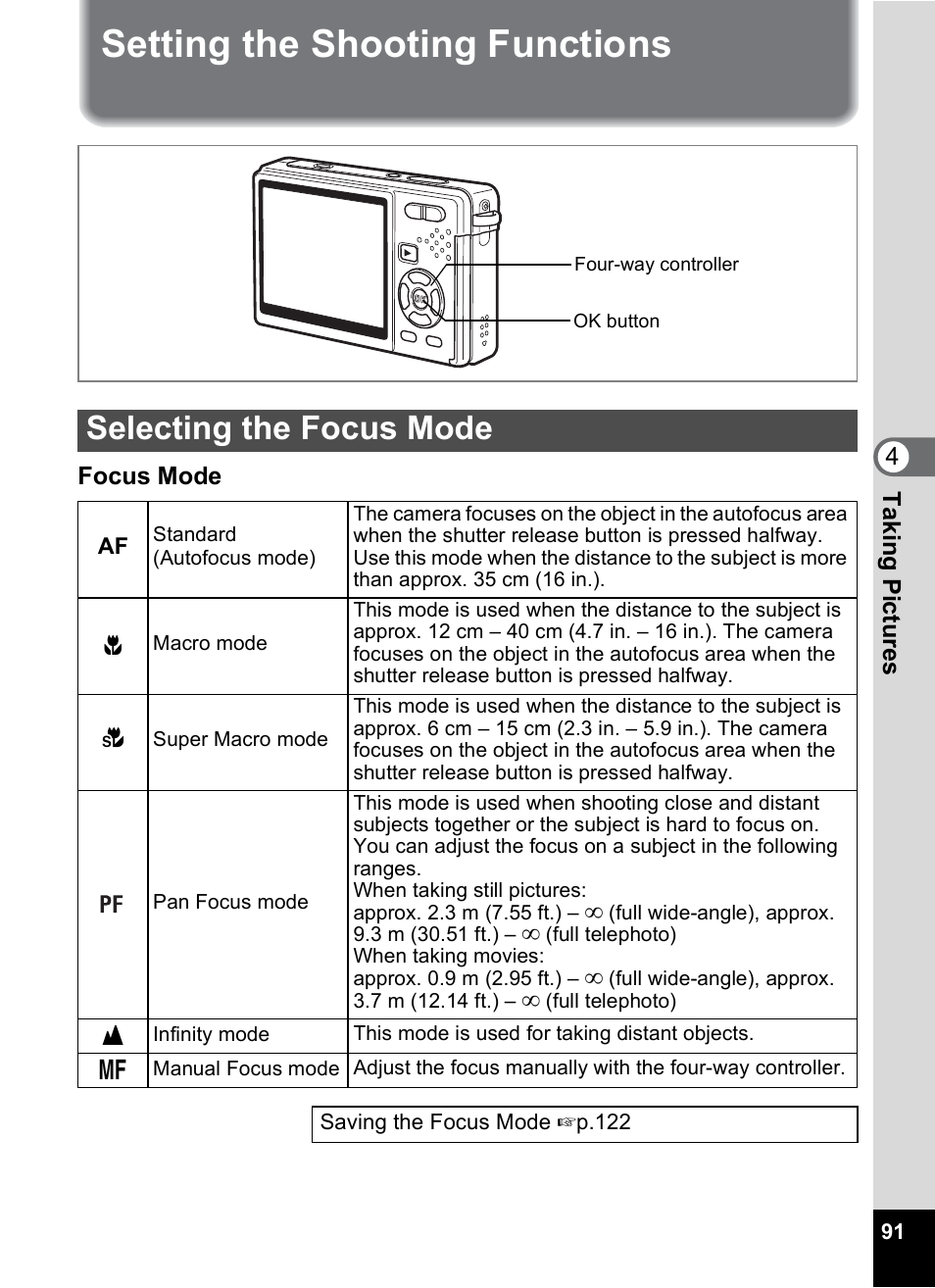 Setting the shooting functions, Selecting the focus mode, P.91) | P.91 | Pentax Optio S12 User Manual | Page 93 / 216