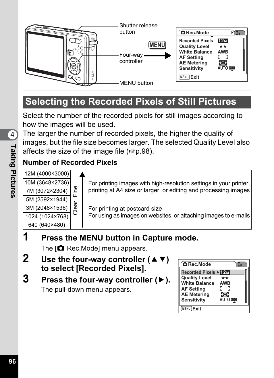 Selecting the recorded pixels of still pictures, P.96, Press the menu button in capture mode | Press the four-way controller ( 5 ) | Pentax Optio S12 User Manual | Page 98 / 216