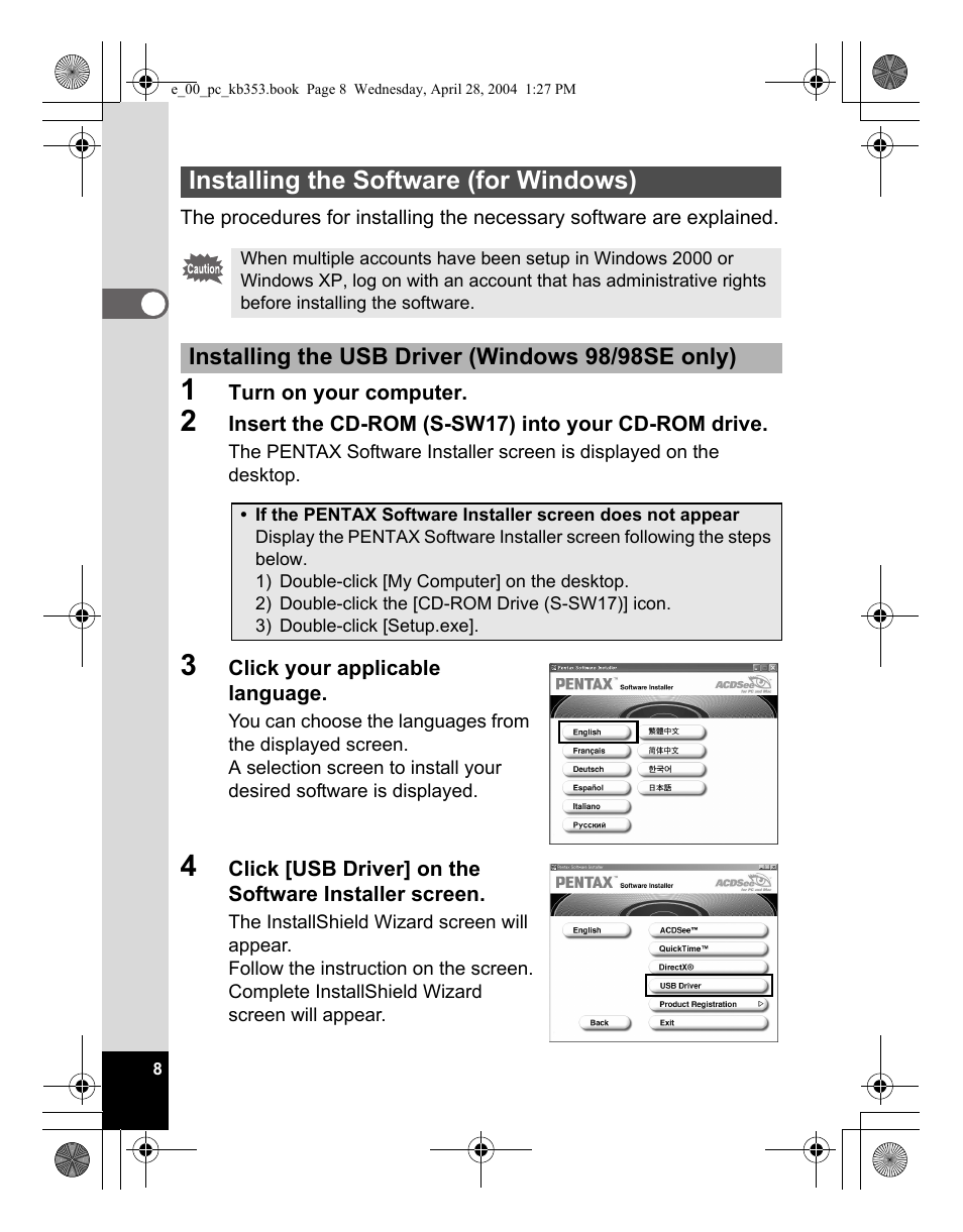 Installing the software (for windows) | Pentax Optio MX User Manual | Page 10 / 68