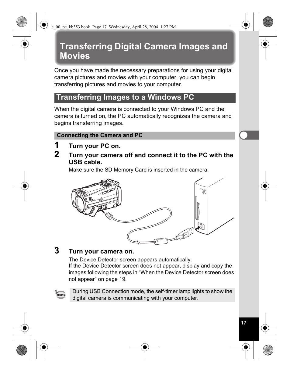 Transferring digital camera images and movies, Transferring images to a windows pc | Pentax Optio MX User Manual | Page 19 / 68