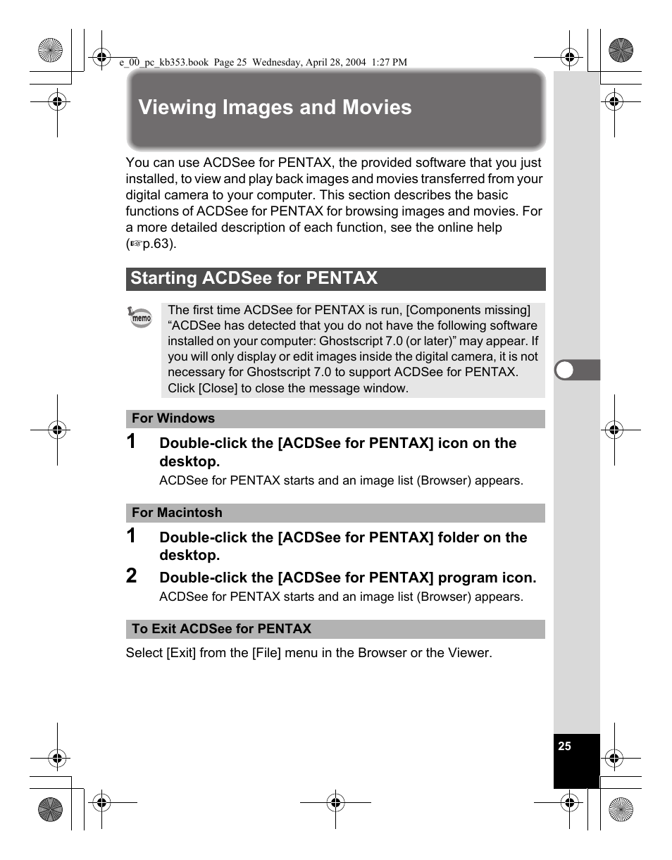 Viewing images and movies, Starting acdsee for pentax | Pentax Optio MX User Manual | Page 27 / 68