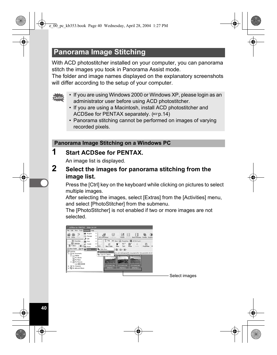 Panorama image stitching | Pentax Optio MX User Manual | Page 42 / 68