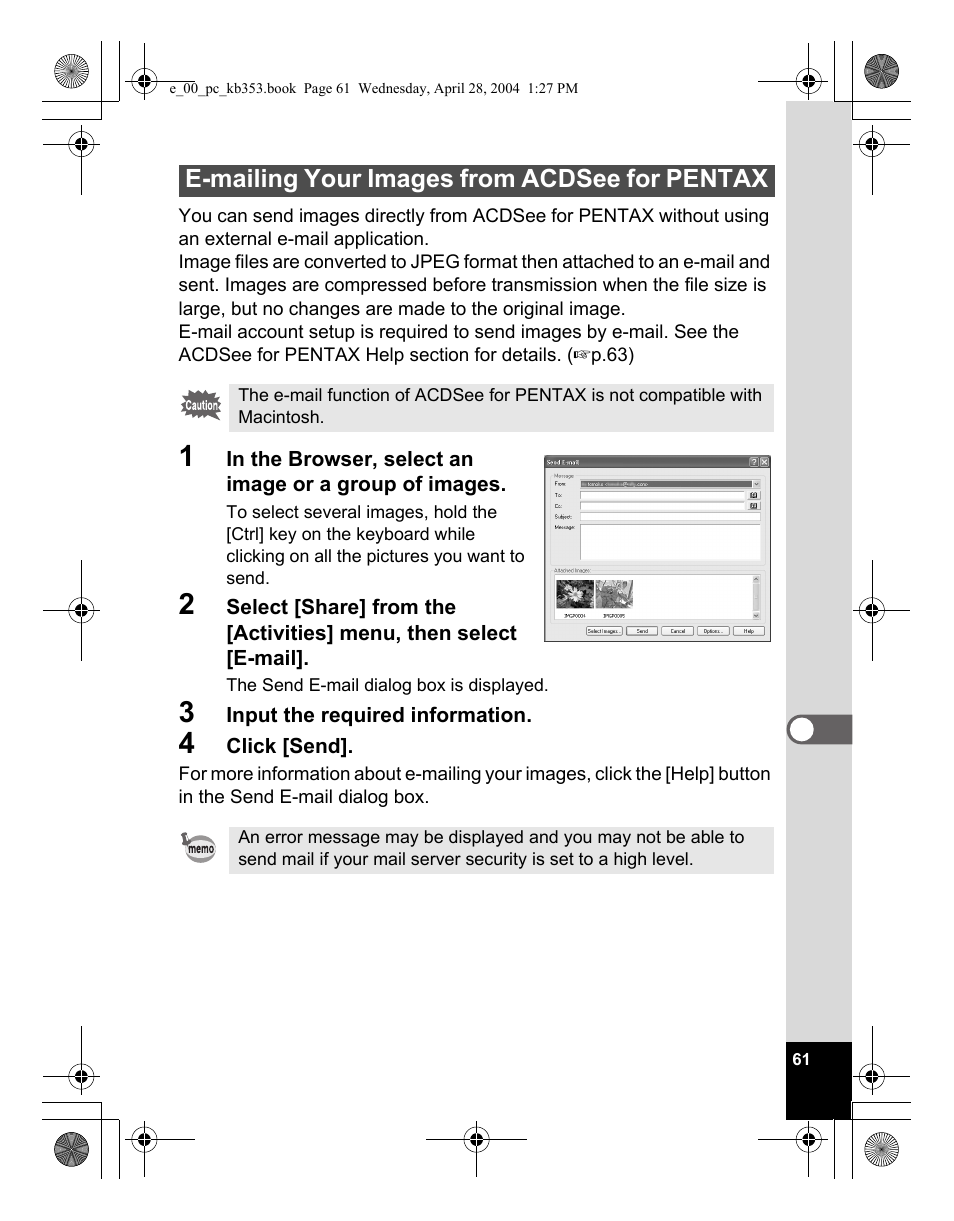 E-mailing your images from acdsee for pentax | Pentax Optio MX User Manual | Page 63 / 68