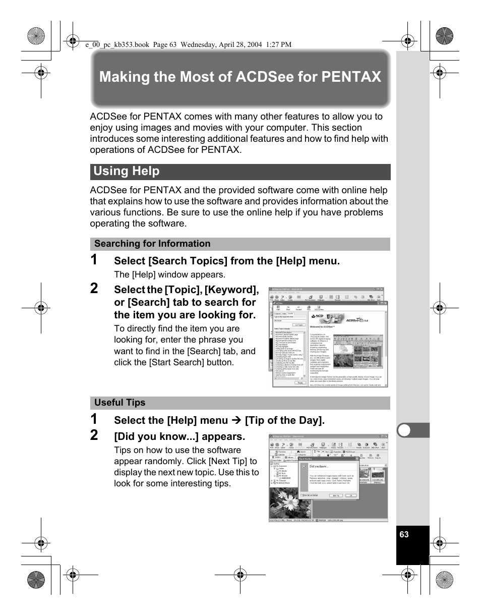 Making the most of acdsee for pentax, Using help | Pentax Optio MX User Manual | Page 65 / 68