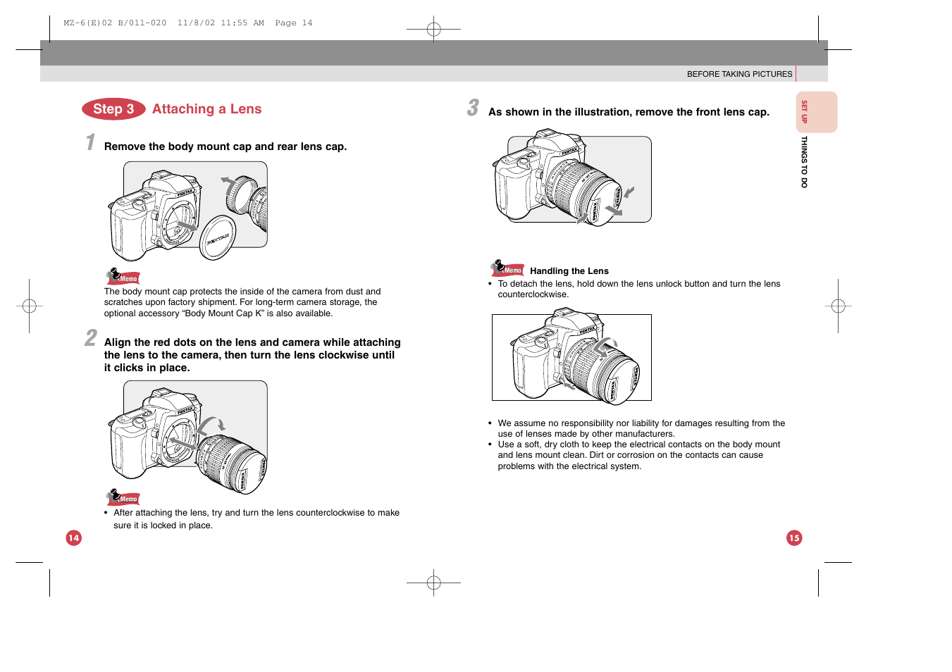 Attaching a lens, Step 3 | Pentax MZ-6 User Manual | Page 12 / 77