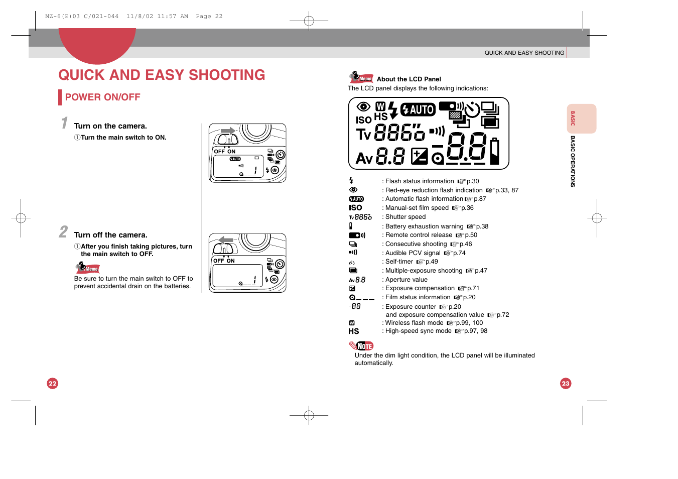 Quick and easy shooting, Power on/off | Pentax MZ-6 User Manual | Page 17 / 77