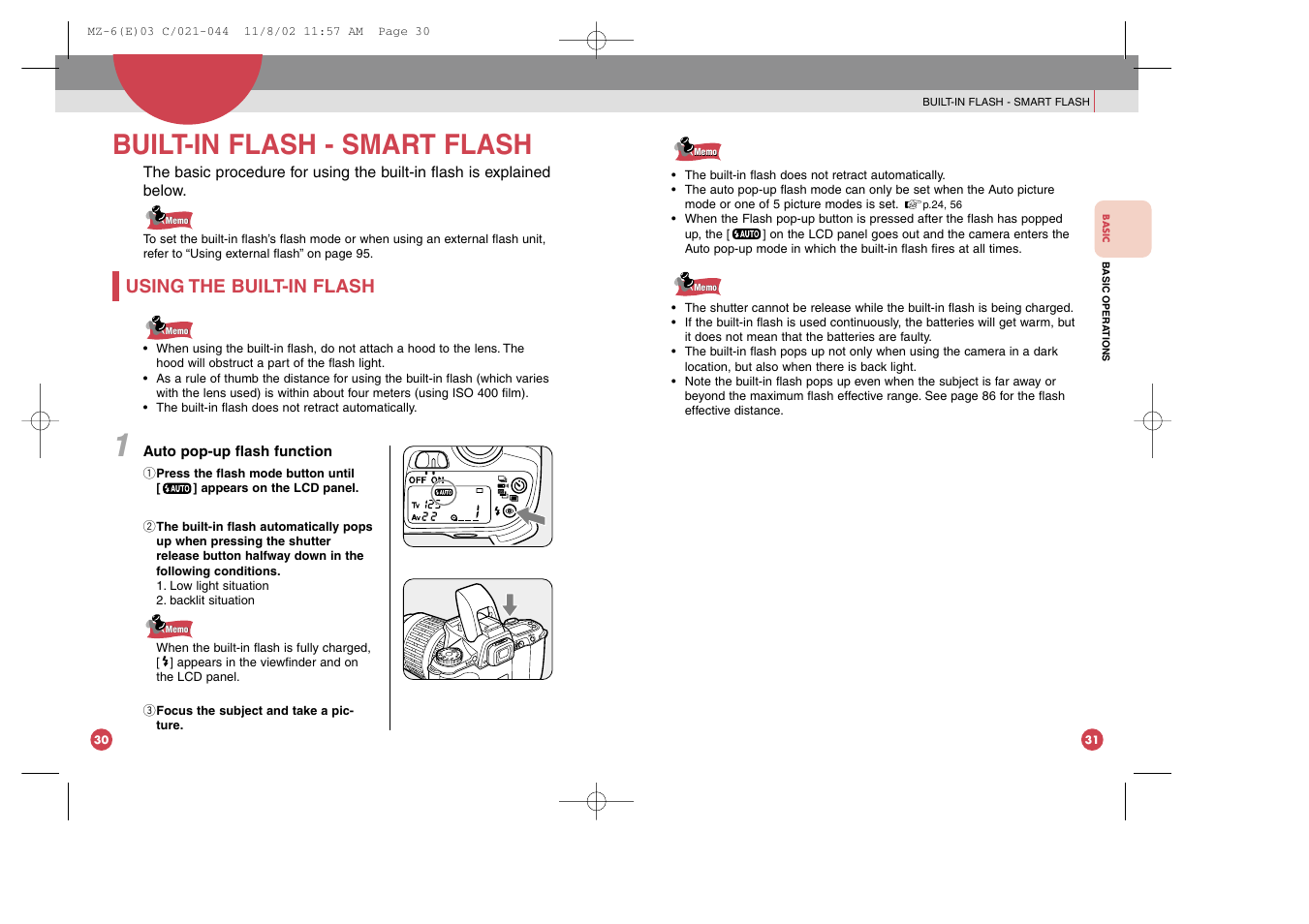 Built-in flash - smart flash, Using the built-in flash | Pentax MZ-6 User Manual | Page 21 / 77