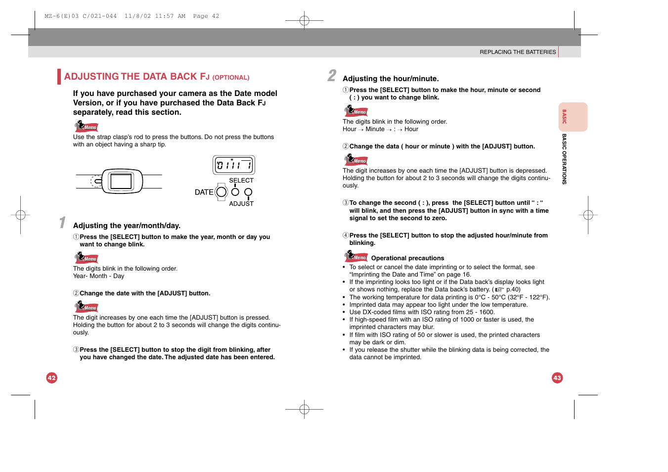 Adjusting the data back f | Pentax MZ-6 User Manual | Page 27 / 77
