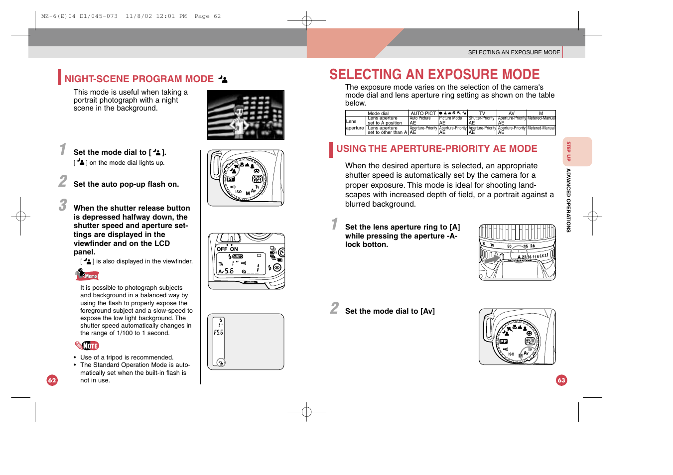 Selecting an exposure mode, Using the aperture-priority ae mode, Night-scene program mode | Pentax MZ-6 User Manual | Page 38 / 77