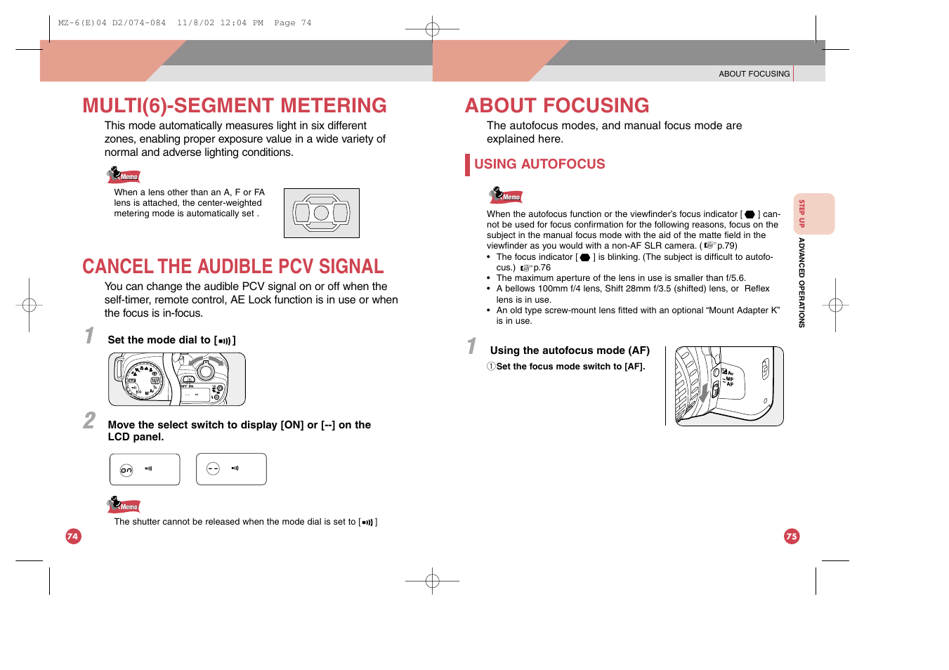 About focusing, Multi(6)-segment metering, Cancel the audible pcv signal | Pentax MZ-6 User Manual | Page 44 / 77