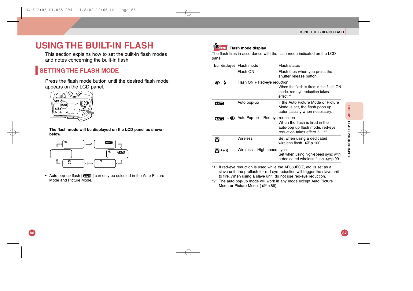 Using the built-in flash, Setting the flash mode | Pentax MZ-6 User Manual | Page 51 / 77
