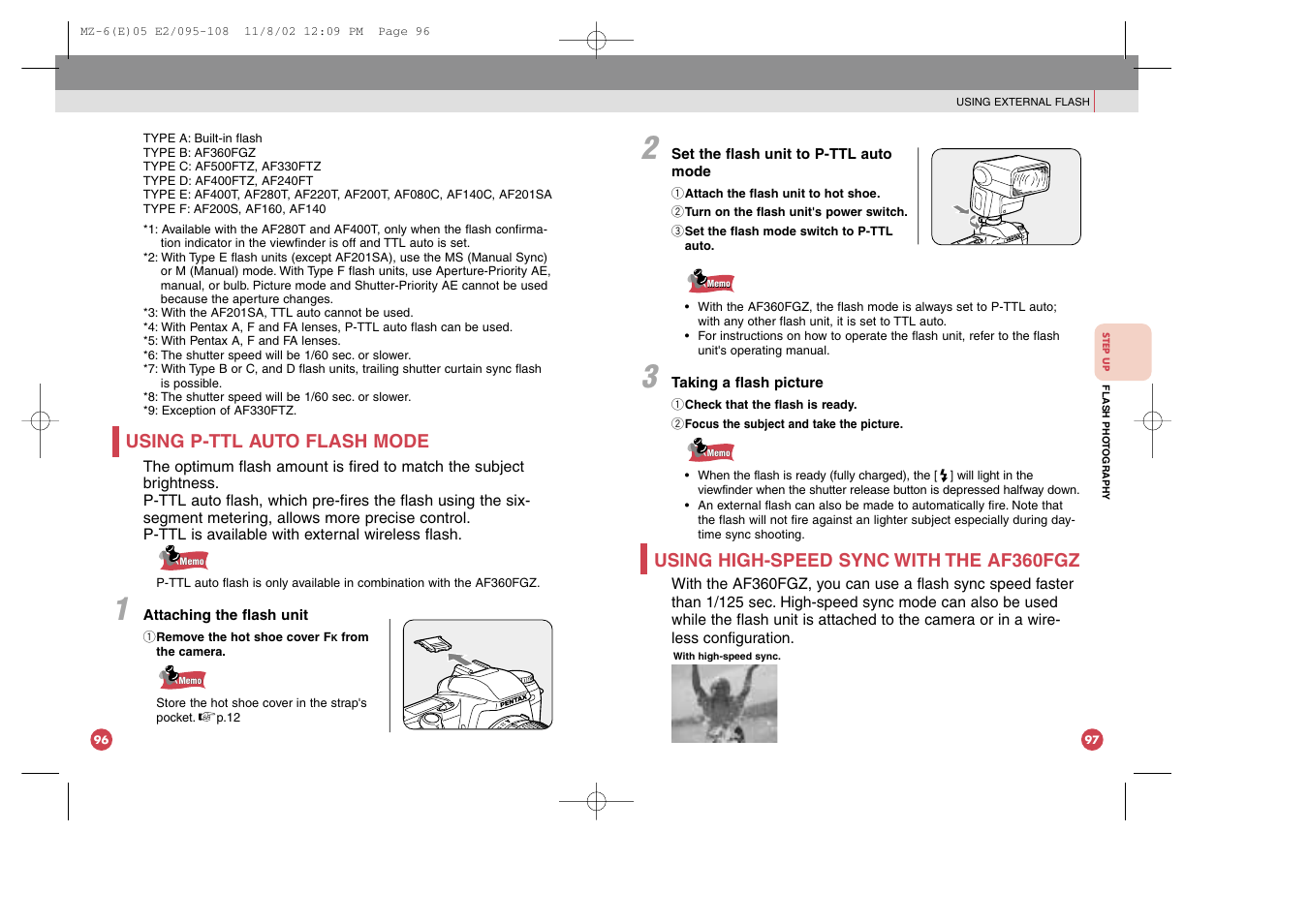 Using high-speed sync with the af360fgz, Using p-ttl auto flash mode | Pentax MZ-6 User Manual | Page 57 / 77