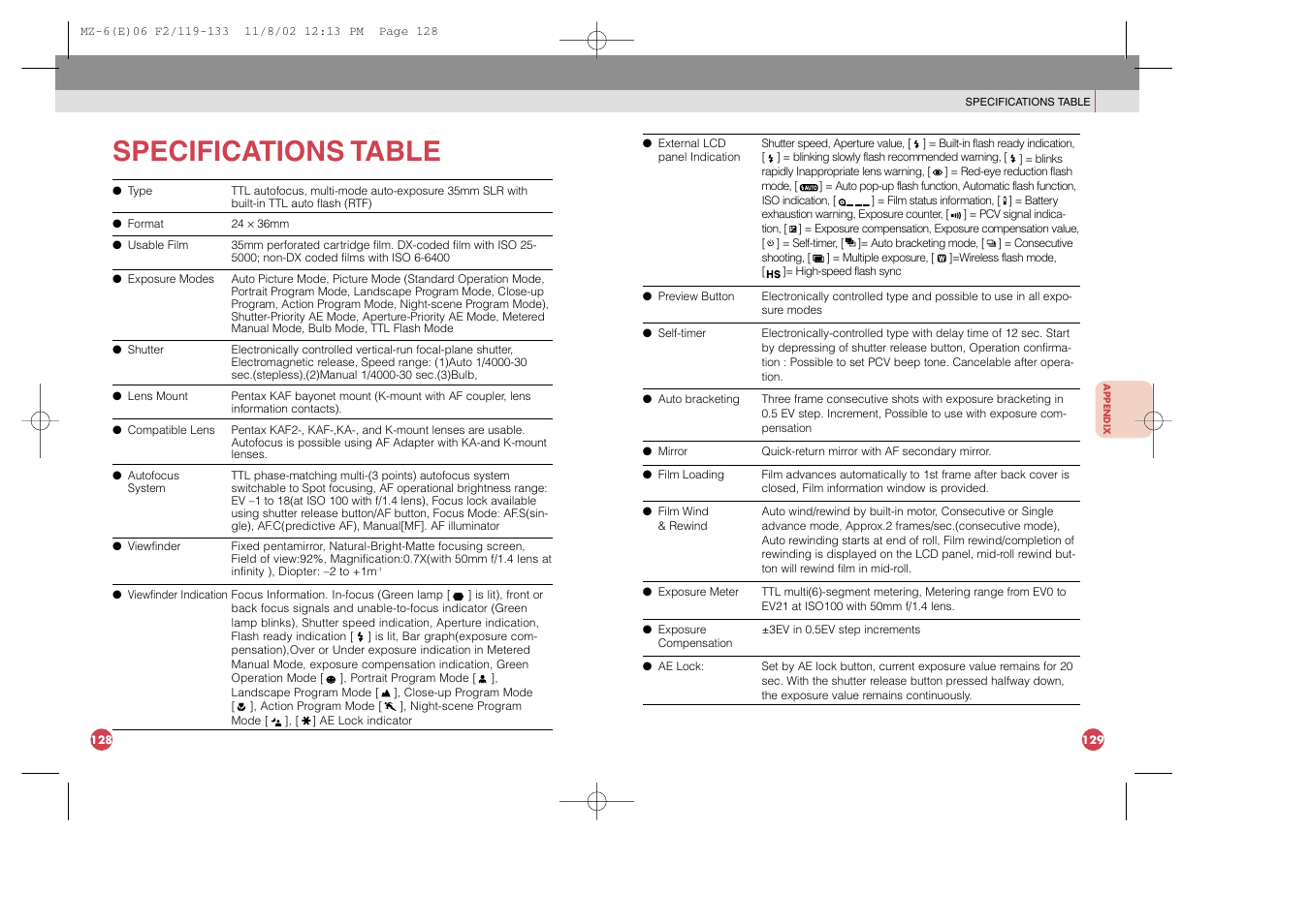 Specifications table | Pentax MZ-6 User Manual | Page 75 / 77