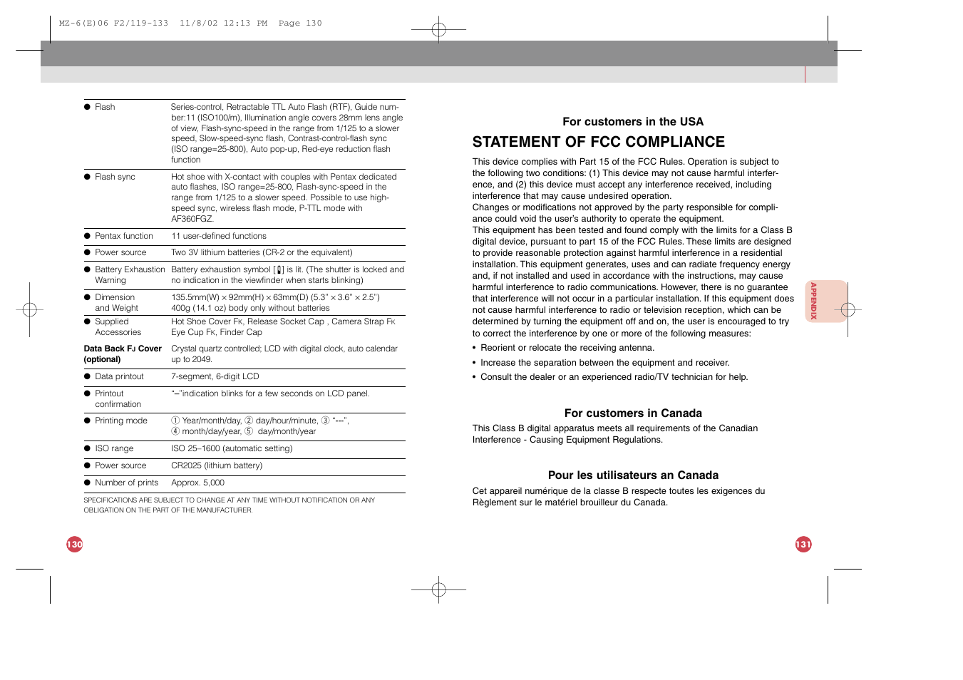 Statement of fcc compliance | Pentax MZ-6 User Manual | Page 76 / 77