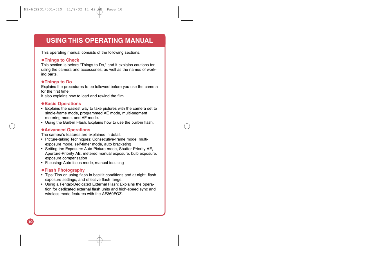 Using this operating manual | Pentax MZ-6 User Manual | Page 9 / 77