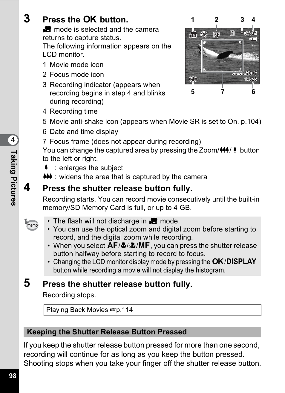 Press the 4 button, Press the shutter release button fully | Pentax Optio M30 User Manual | Page 100 / 188