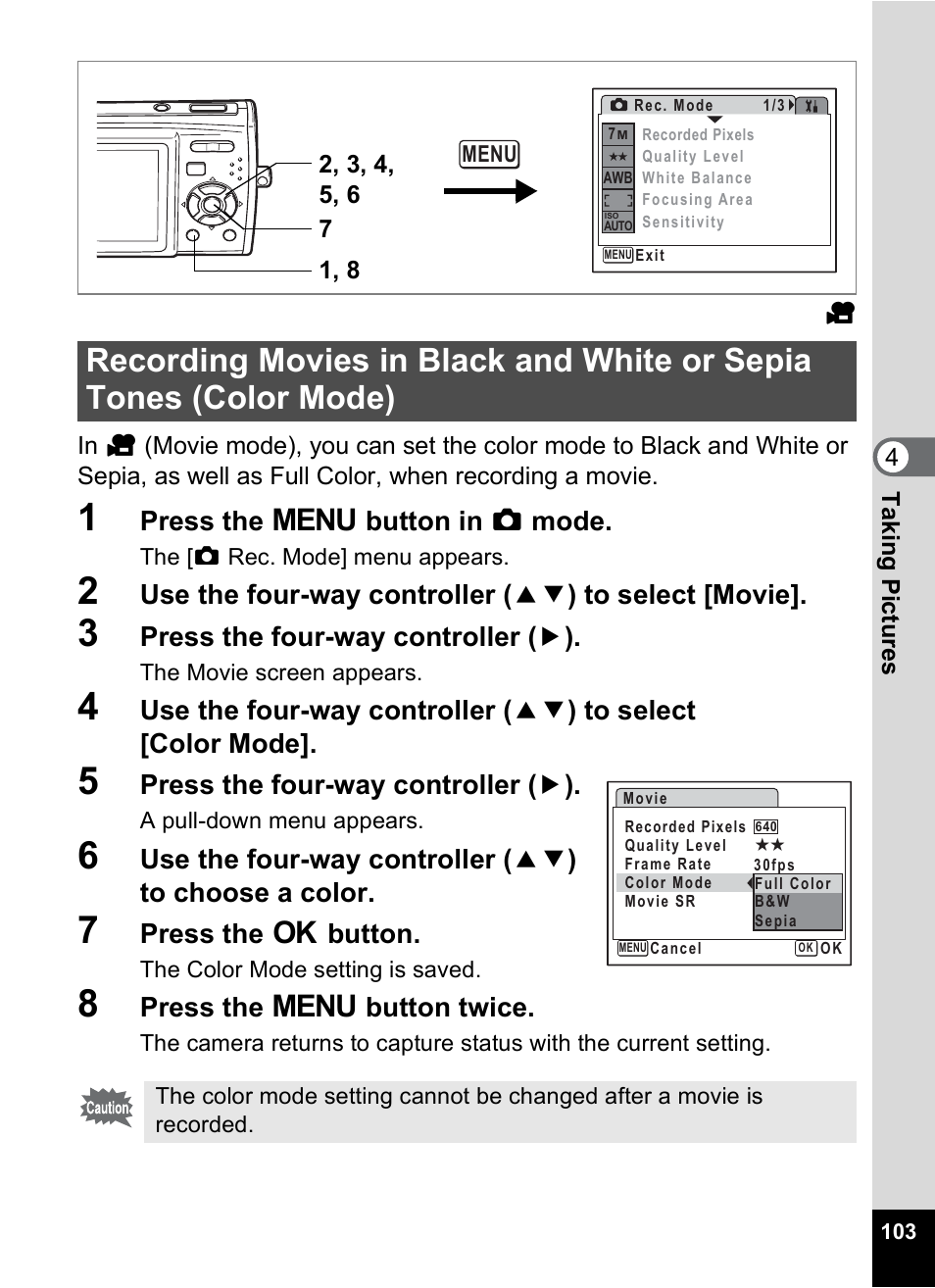 P.103, Press the 3 button in a mode, Press the four-way controller ( 5 ) | Press the 4 button, Press the 3 button twice | Pentax Optio M30 User Manual | Page 105 / 188