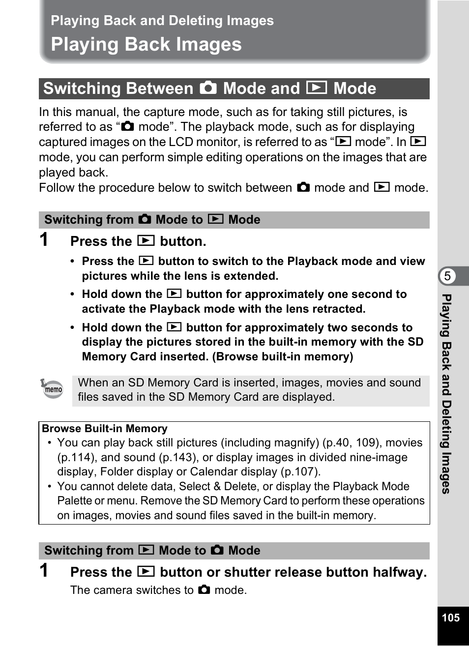 Playing back and deleting images, Playing back images, Switching between capture mode and playback mode | Switching between a mode and q mode, P.105), P.105 | Pentax Optio M30 User Manual | Page 107 / 188