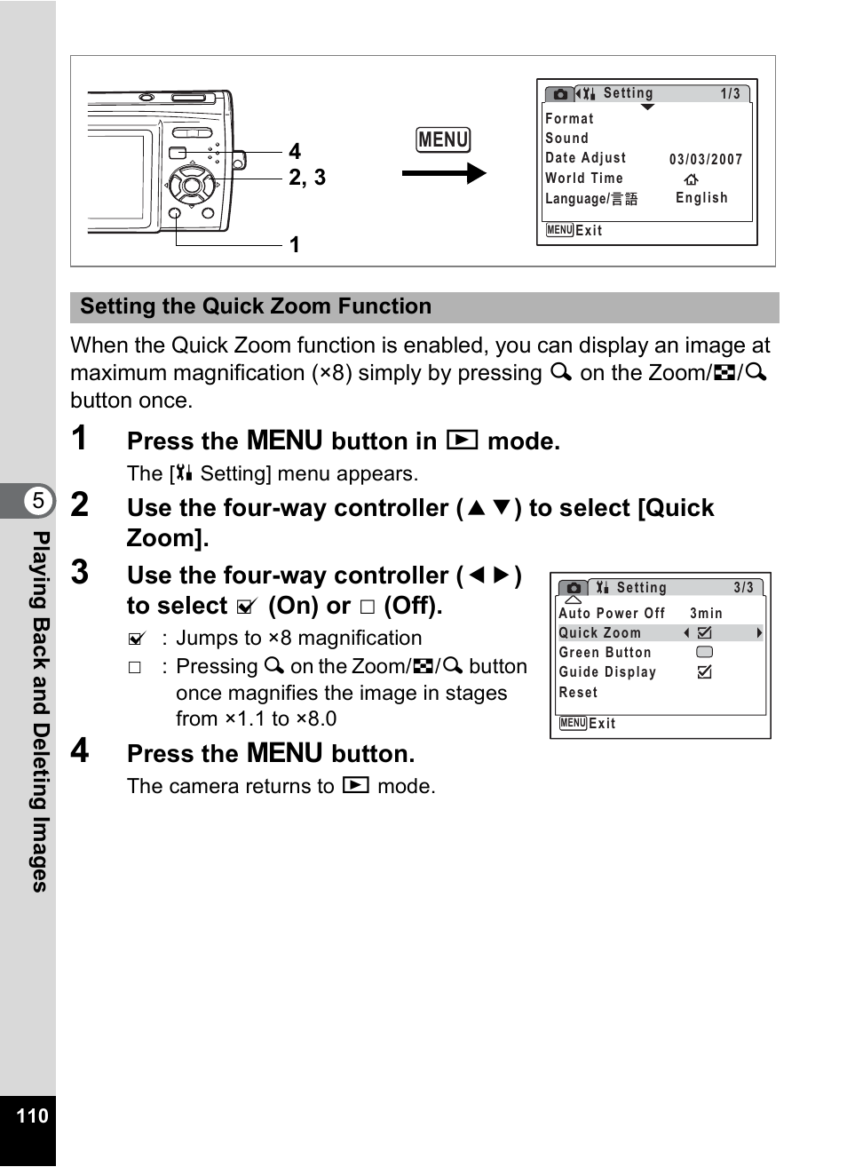 P.110, Press the 3 button in q mode, Press the 3 button | Pentax Optio M30 User Manual | Page 112 / 188