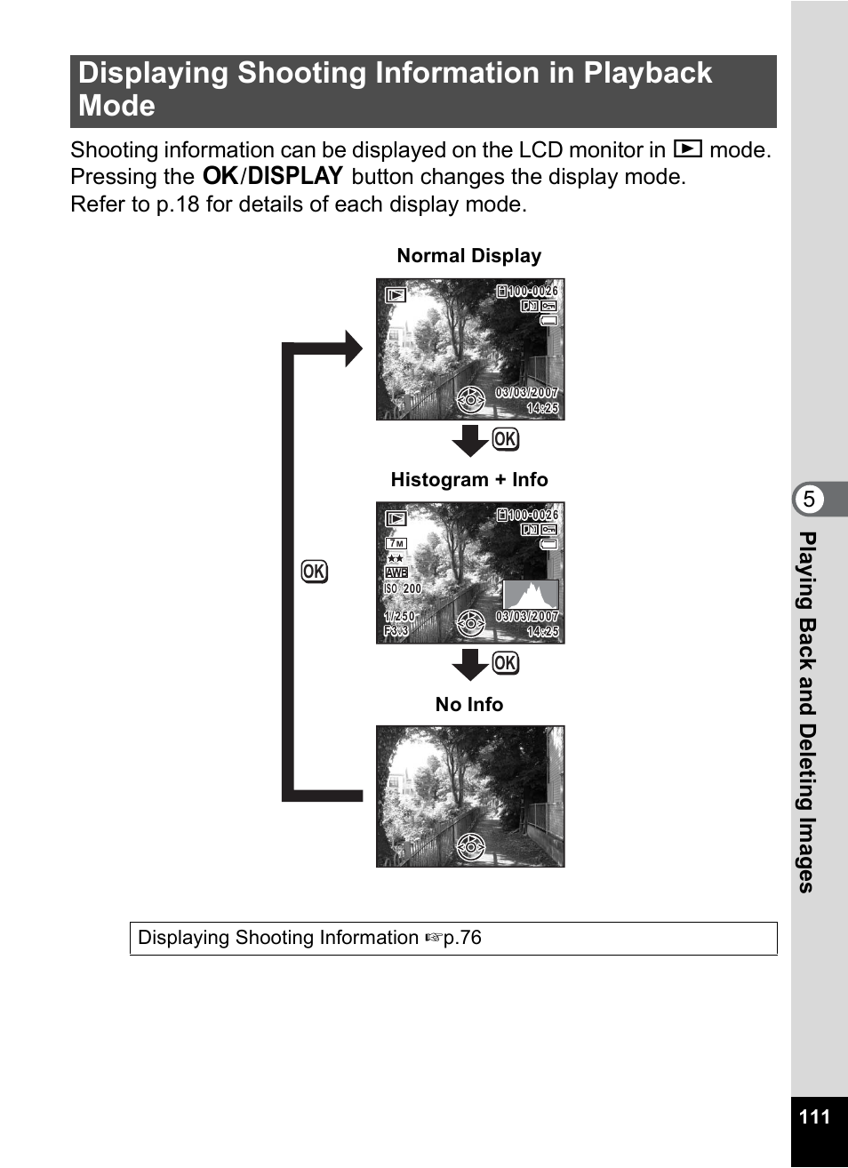 Displaying shooting information in playback mode, P.111), Displaying shooting information 1 p.76 | Normal display histogram + info no info | Pentax Optio M30 User Manual | Page 113 / 188