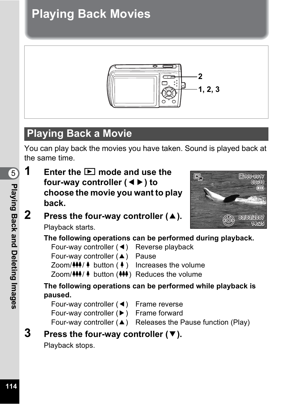 Playing back movies, Playing back a movie, P.114, p | P.114, P.114) | Pentax Optio M30 User Manual | Page 116 / 188